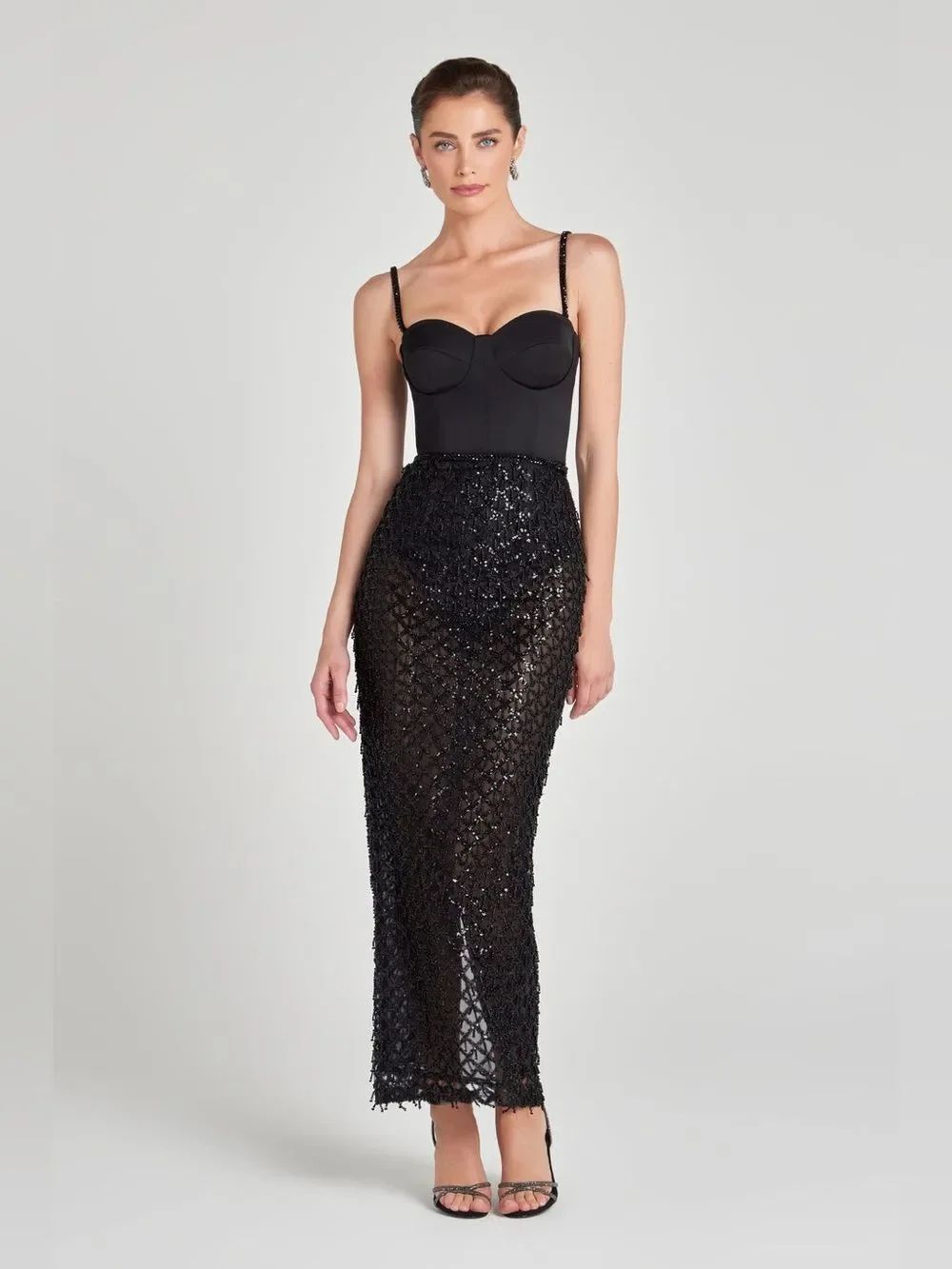 NADINE MERABI VALENTINA BLACK Bustier Midi Dress with Beaded Skirt Size 14 XXL
